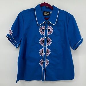 Bob Mackie Retro Grandmacore Cottagecore Blue Shirtw/Floral Embroidery SzXL